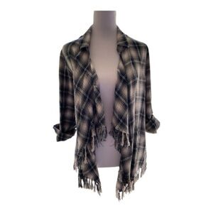 Willow & Clay Blue and Cream Plaid Fringe Cardigan